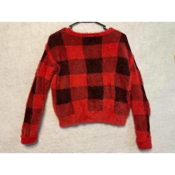 Express Sweater Womens XS Red Black Buffalo Plaid Fuzzy Eyelash Crewneck Cropped - Picture 9 of 9